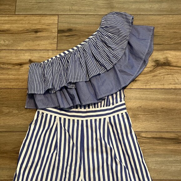 J. Crew One Shoulder Ruffle Jumpsuit SZ 6 Blue White Stripe Romper Wide Leg - Picture 2 of 10